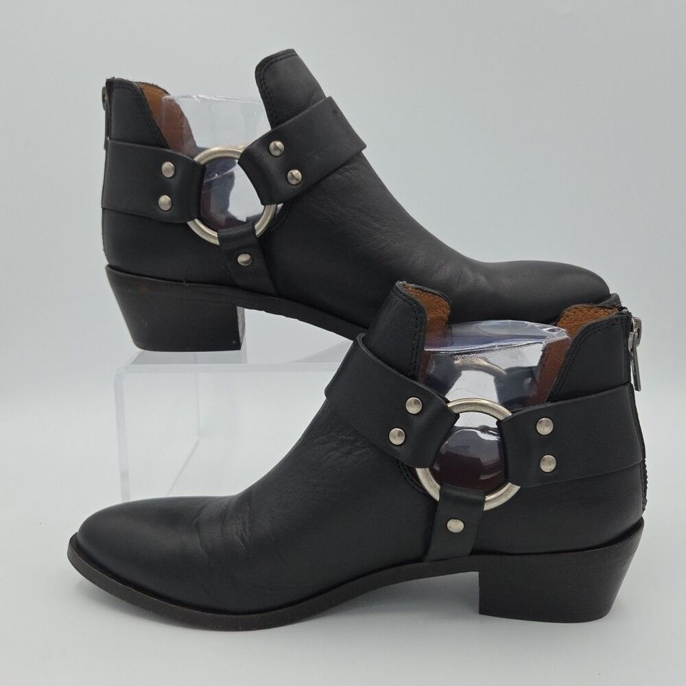 Frye Womens Size 7 M Ray Harness Back Zip Black Leather Ankle Booties Zip Close - Picture 2 of 10